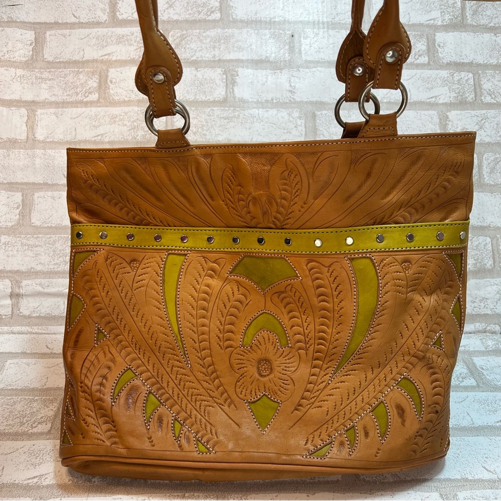 Texian Leathers Brown Green Leather Purse Bag Silver Studs Handcrafted
